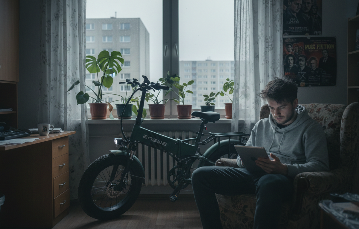Młody mężczyzna w mieszkaniu przegląda tablet przy składanym fatbike’u ENGWE zaparkowanym obok biurka – e-bike w codziennym życiu miejskim