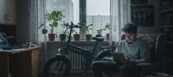 Młody mężczyzna w mieszkaniu przegląda tablet przy składanym fatbike’u ENGWE zaparkowanym obok biurka – e-bike w codziennym życiu miejskim
