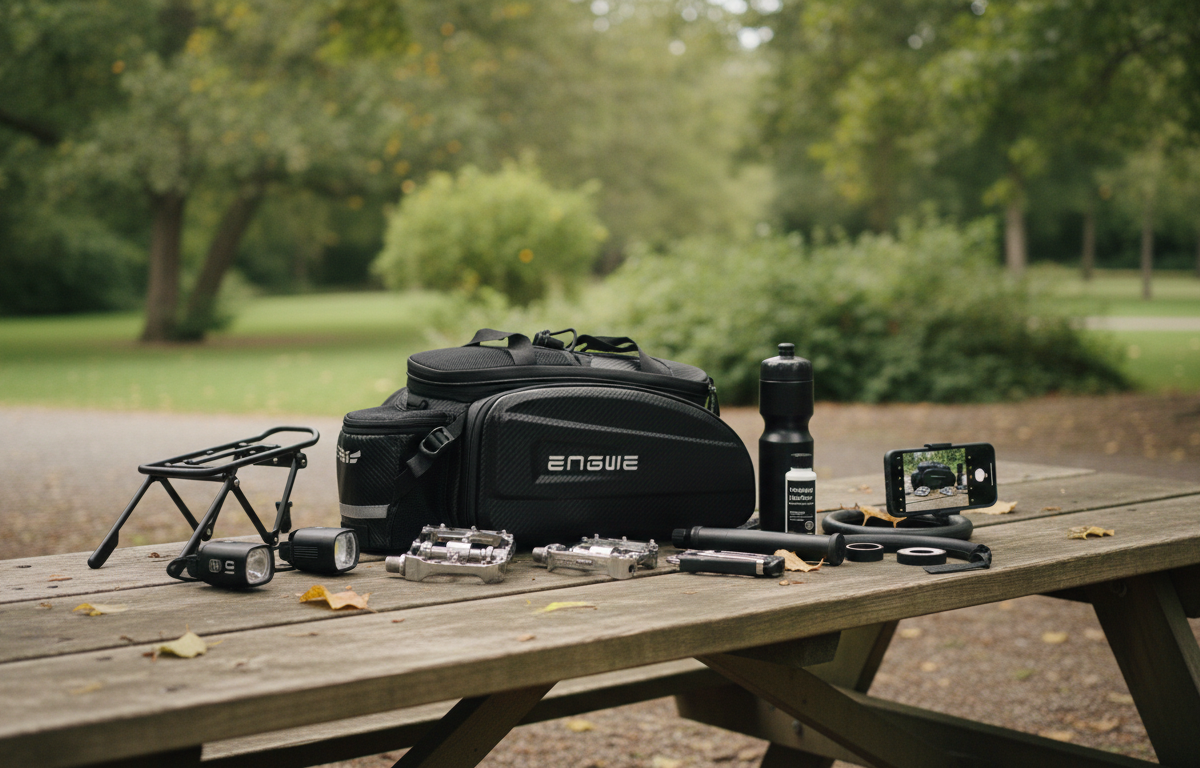 Akcesoria ENGWE na drewnianym stole w parku