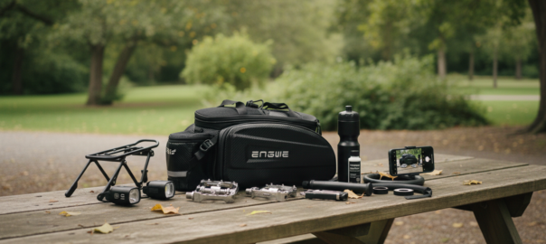 Akcesoria ENGWE na drewnianym stole w parku