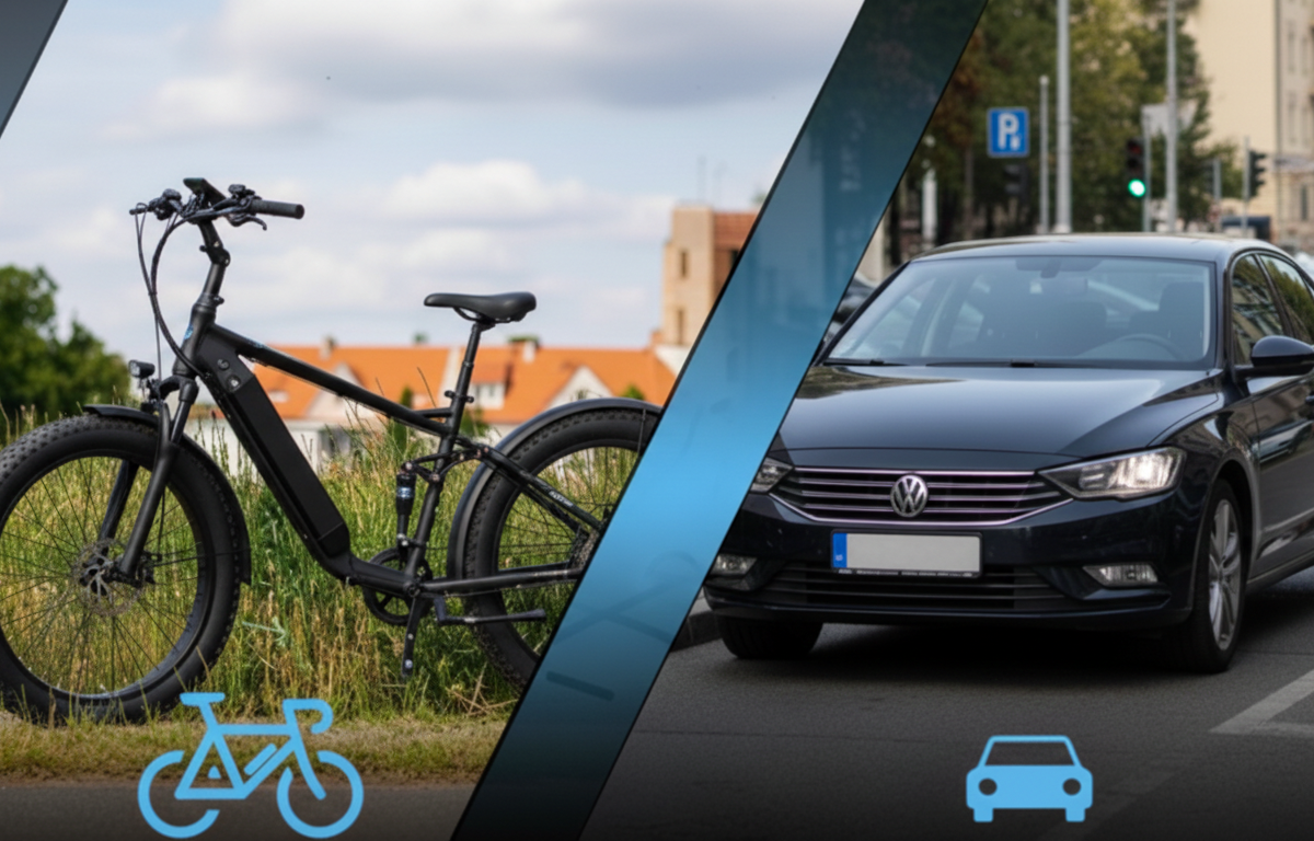 Czarny fatbike ENGWE zaparkowany na ulicy obok samochodu – rower elektryczny vs samochód, alternatywa dla auta w mieście