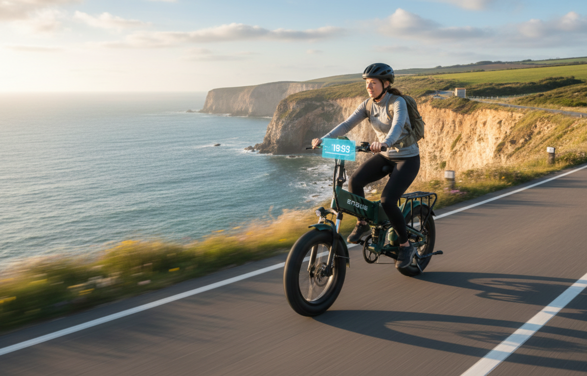 Kobieta na rowerze elektrycznym ENGWE jedzie malowniczą trasą przy morzu z klifami – realny zasięg baterii na długie wypady