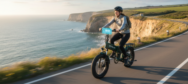 Kobieta na rowerze elektrycznym ENGWE jedzie malowniczą trasą przy morzu z klifami – realny zasięg baterii na długie wypady