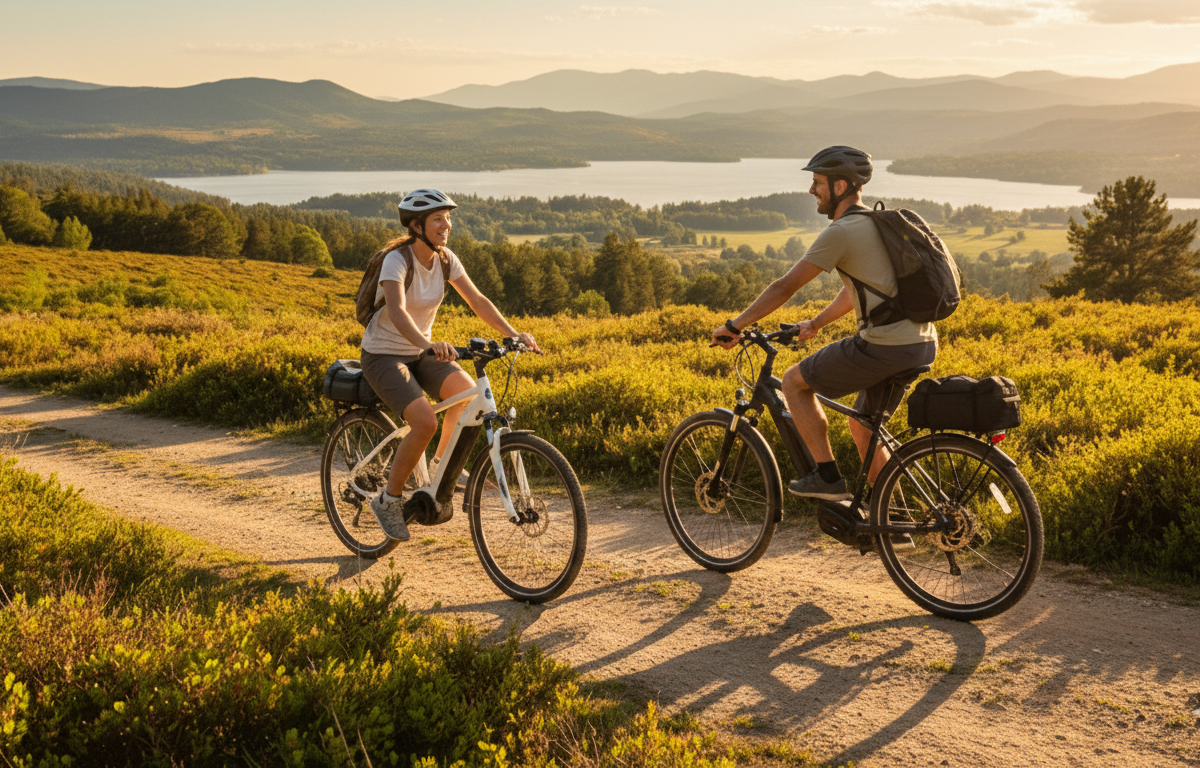 Początkujący na e-bike’ach w terenie górskim z kaskami