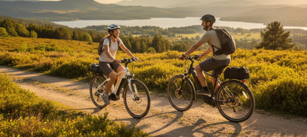 Początkujący na e-bike’ach w terenie górskim z kaskami