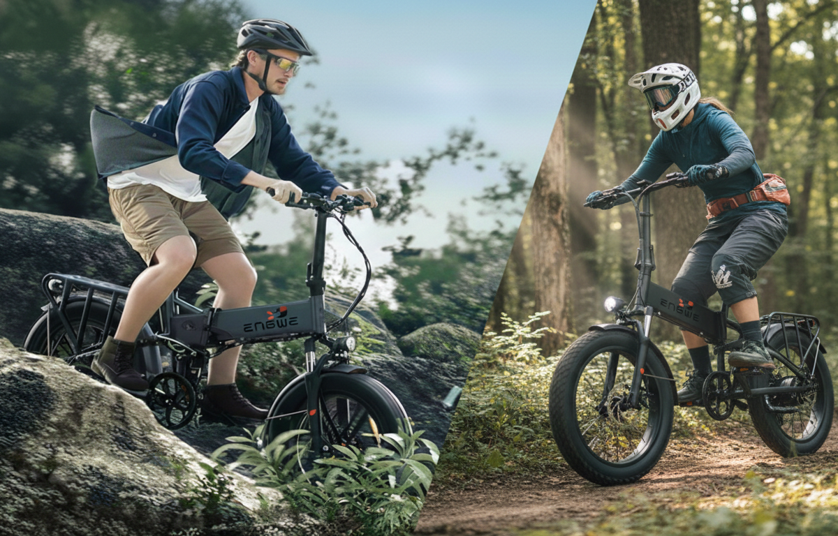 Dwa rowery elektryczne typu fatbike w terenie leśnym – porównanie modeli 