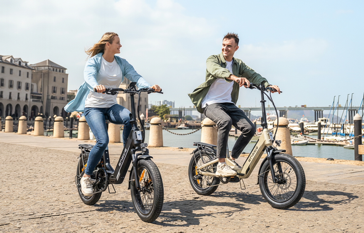 Dwie osoby jadą na rowerach elektrycznych ENGWE w mieście